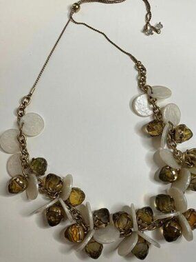 Vintage Statement Necklace Amber Beads Flat White Shells Gold Tone Chain